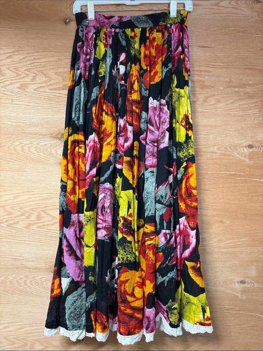 Vintage Tangibles Floral Pleated Maxi Skirt in Black with Pink & Yellow Blooms